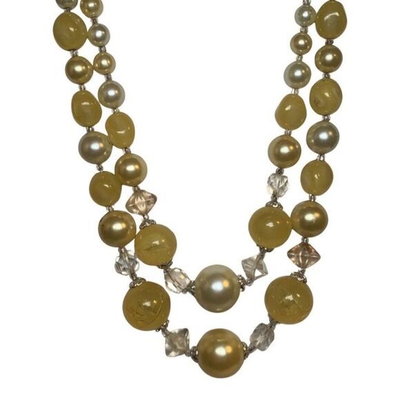 Japan Yellow Crackle Beaded Graduated Faux Pearl 2 Tier Silver Tone Necklace 16” - Picture 8 of 14